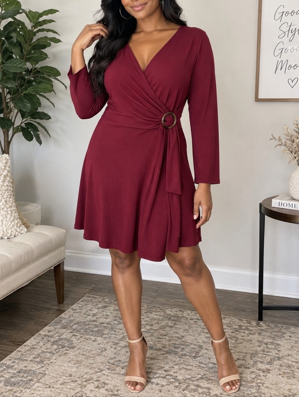 Planet Gold Burgundy Wrap Dress Large Long Sleeve V Neck Ring Buckle Stretch #3